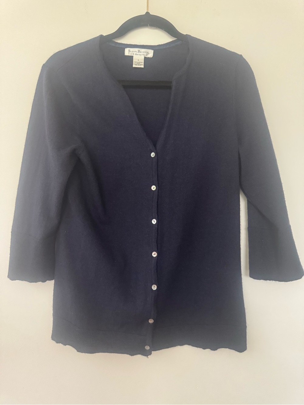 Susan Bristol Navy V Neck Button Down Cardigan Sweater 100% Merino Wool Sz L
